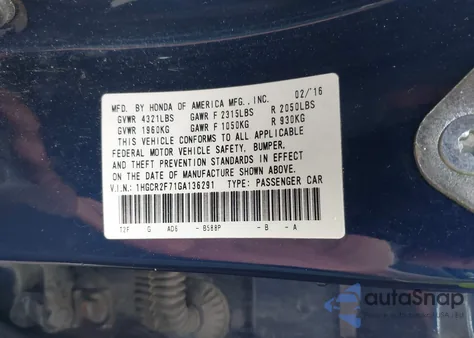 2016 Honda Accord Ex from USA, damaged, VIN 1HGCR2F71GA136291